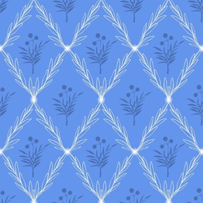Trellis Leaves with Flower Centre in Medium Sky Blue, deep blue and White