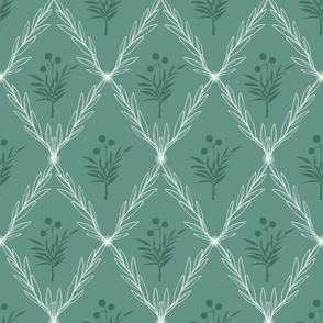 Trellis Leaves with Flower Centre in Vintage Duckegg Green Dark Green and Pale White Green