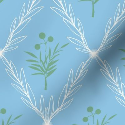 Trellis Leaves with Flower Centre in Ocean Blue with Muted Green and Pale Cream White