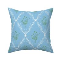 Trellis Leaves with Flower Centre in Ocean Blue with Muted Green and Pale Cream White