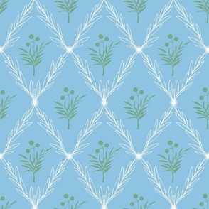 Trellis Leaves with Flower Centre in Ocean Blue with Muted Green and Pale Cream White