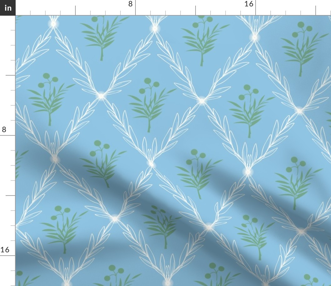 Trellis Leaves with Flower Centre in Ocean Blue with Muted Green and Pale Cream White