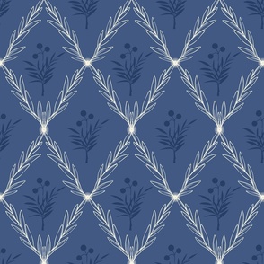 Trellis Leaves with Flower Centre in Midnight Blue, cream and Navy