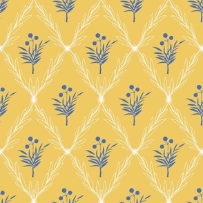 Trellis Leaves with Flower Centre in Mustard Yellow Blue and White