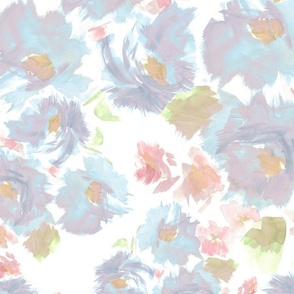 painterly abstract blue floral - soft focus flowers - pink, green