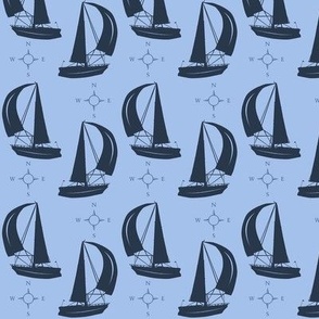 Sailing boat and compass in shades of blue