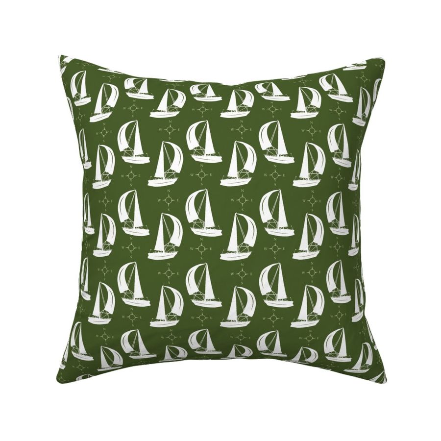 Sailing boat and compass in shades of olive green and white