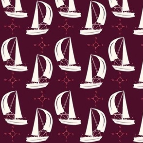 Sailing boat and compass in shades of wine, tan and red