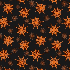 Scattered spiderwebs  -terracotta orange and black    //  Medium scale