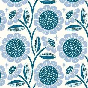 S - In Full Bloom - bold graphic floral design - sky blue, peacock and natural 