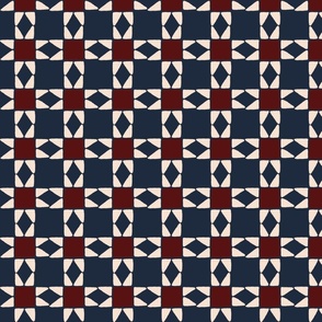 Cozy cabin sawtooth stars quilting shapes, cordovan red and prussian blue 