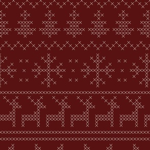 Fair isle inspired winter cross stitch - large - cream stiches on crimson, cozy cabincore aesthetic