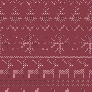 Fair isle inspired winter cross stitch - large scale -  cream stiches on cordovan red, cozy cabincore aesthetic