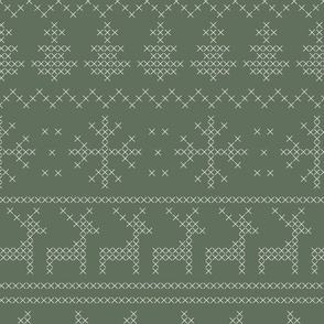 Fair isle inspired winter cross stitch - large scale - cream stiches on reseda green, cozy cabincore aesthetic