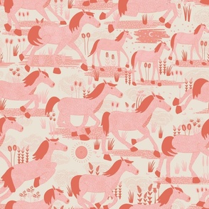 Wild horses  - summer pink (larger  -wild horses collection ) Wild horses running in various pinks in this wild west inspired design.