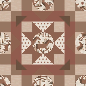 Wild horses cheater quilt- earthy autumn  ( wild horses collection - circles 5" ) Wild horses running in various browns  in this wild west inspired patchwork design.