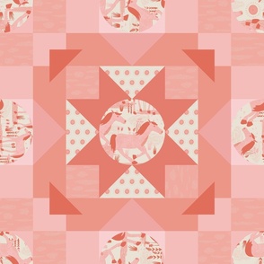 Wild horses cheater quilt- summer pink  ( wild horses collection - circles 5" ) Wild horses running in various pinks  in this wild west inspired patchwork design.