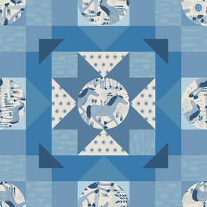 Wild horses cheater quilt- winter blue ( wild horses collection - circles 5" ) Wild horses running in various blues  in this wild west inspired patchwork design.