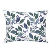 Green and purple botanical pattern on a white