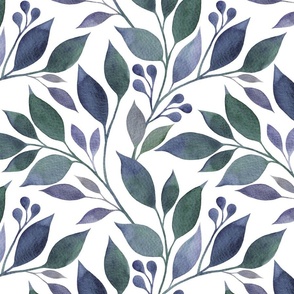 Green and purple botanical pattern on a white