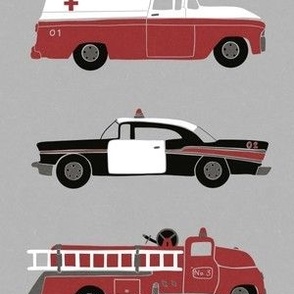 rescue trucks - red_ black_ white and gray - ambulance_ police car_ firetruck
