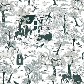 Toile De Jouy Lovers - French Country Chinoiserie Dark Green Medium Scale 18''