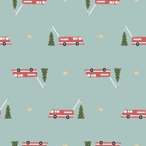 Fire Truck with Christmas Tree in Red and Teal Blue