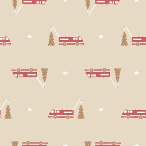 Fire Truck with Christmas Tree in Neutral Beige and Red