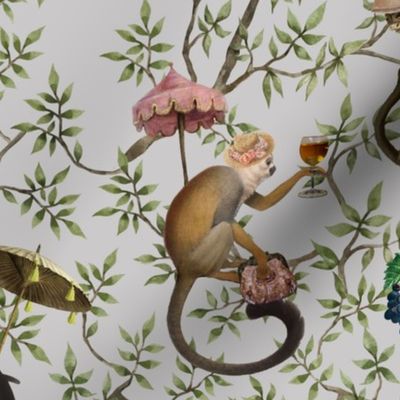 nostalgic  Monkeys Garden Party - Antique dark moody floral Chinoiserie with drunk monkeys  grey- Marie Antoinette Chinoiserie inspired