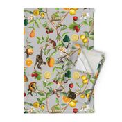 Monkeys Jungle Garden Party -  Antique moody floral Chinoiserie with climbing monkeys- Marie Antoinette Chinoiserie inspired-grey