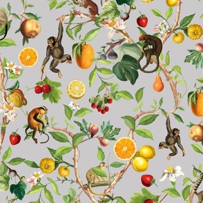Monkeys Jungle Garden Party -  Antique moody floral Chinoiserie with climbing monkeys- Marie Antoinette Chinoiserie inspired-grey