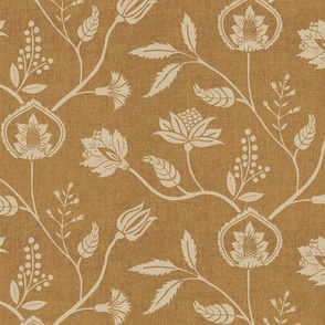 Block print chintz florals mustard yellow and cream textured - large scale