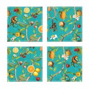 Monkeys Jungle Garden Party -  Antique moody floral Chinoiserie with climbing monkeys- Marie Antoinette Chinoiserie inspired-turquoise