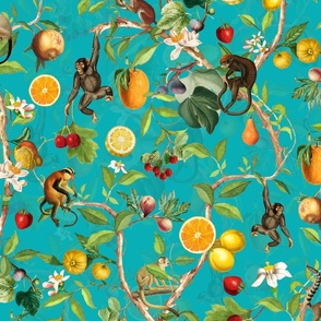 Monkeys Jungle Garden Party -  Antique moody floral Chinoiserie with climbing monkeys- Marie Antoinette Chinoiserie inspired-turquoise