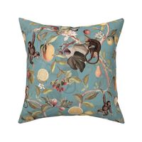 Monkeys Jungle Garden Party -  Antique moody floral Chinoiserie with climbing monkeys- Marie Antoinette Chinoiserie inspired-sepia turquoise