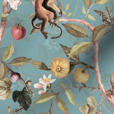 Monkeys Jungle Garden Party -  Antique moody floral Chinoiserie with climbing monkeys- Marie Antoinette Chinoiserie inspired-sepia turquoise