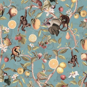 Monkeys Jungle Garden Party -  Antique moody floral Chinoiserie with climbing monkeys- Marie Antoinette Chinoiserie inspired-sepia turquoise