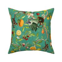 Monkeys Jungle Garden Party -  Antique moody floral Chinoiserie with climbing monkeys- Marie Antoinette Chinoiserie inspired-emerald green