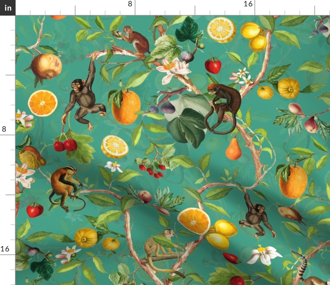 Monkeys Jungle Garden Party -  Antique moody floral Chinoiserie with climbing monkeys- Marie Antoinette Chinoiserie inspired-emerald green