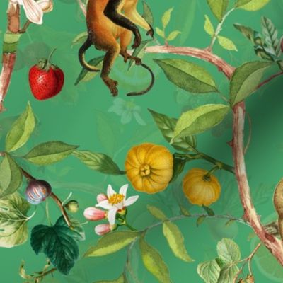 Monkeys Jungle Garden Party -  Antique moody floral Chinoiserie with climbing monkeys- Marie Antoinette Chinoiserie inspired-green