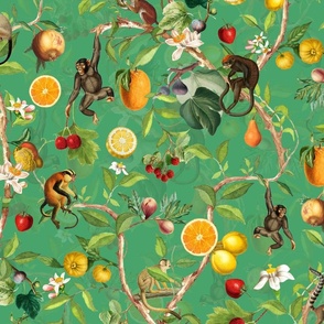 Monkeys Jungle Garden Party -  Antique moody floral Chinoiserie with climbing monkeys- Marie Antoinette Chinoiserie inspired-green