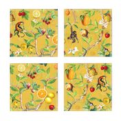 Monkeys Jungle Garden Party -  Antique moody floral Chinoiserie with climbing monkeys- Marie Antoinette Chinoiserie inspired-yellow