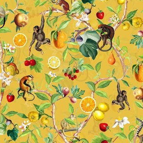 Monkeys Jungle Garden Party -  Antique moody floral Chinoiserie with climbing monkeys- Marie Antoinette Chinoiserie inspired-yellow