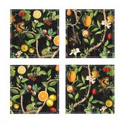 Monkeys Jungle Garden Party -  Antique moody floral Chinoiserie with climbing monkeys- Marie Antoinette Chinoiserie inspired-black