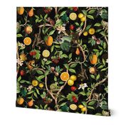 Monkeys Jungle Garden Party -  Antique moody floral Chinoiserie with climbing monkeys- Marie Antoinette Chinoiserie inspired-black