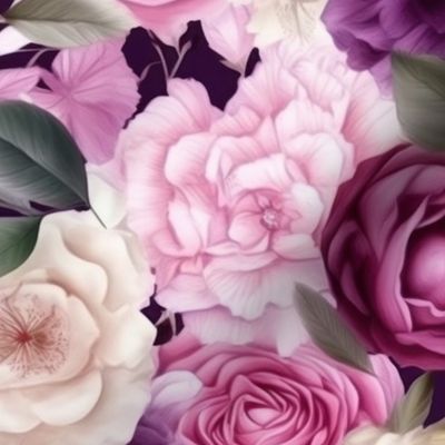 Densely Packed Jumbo Floral Rose Blossoms in Pink, Violet and White