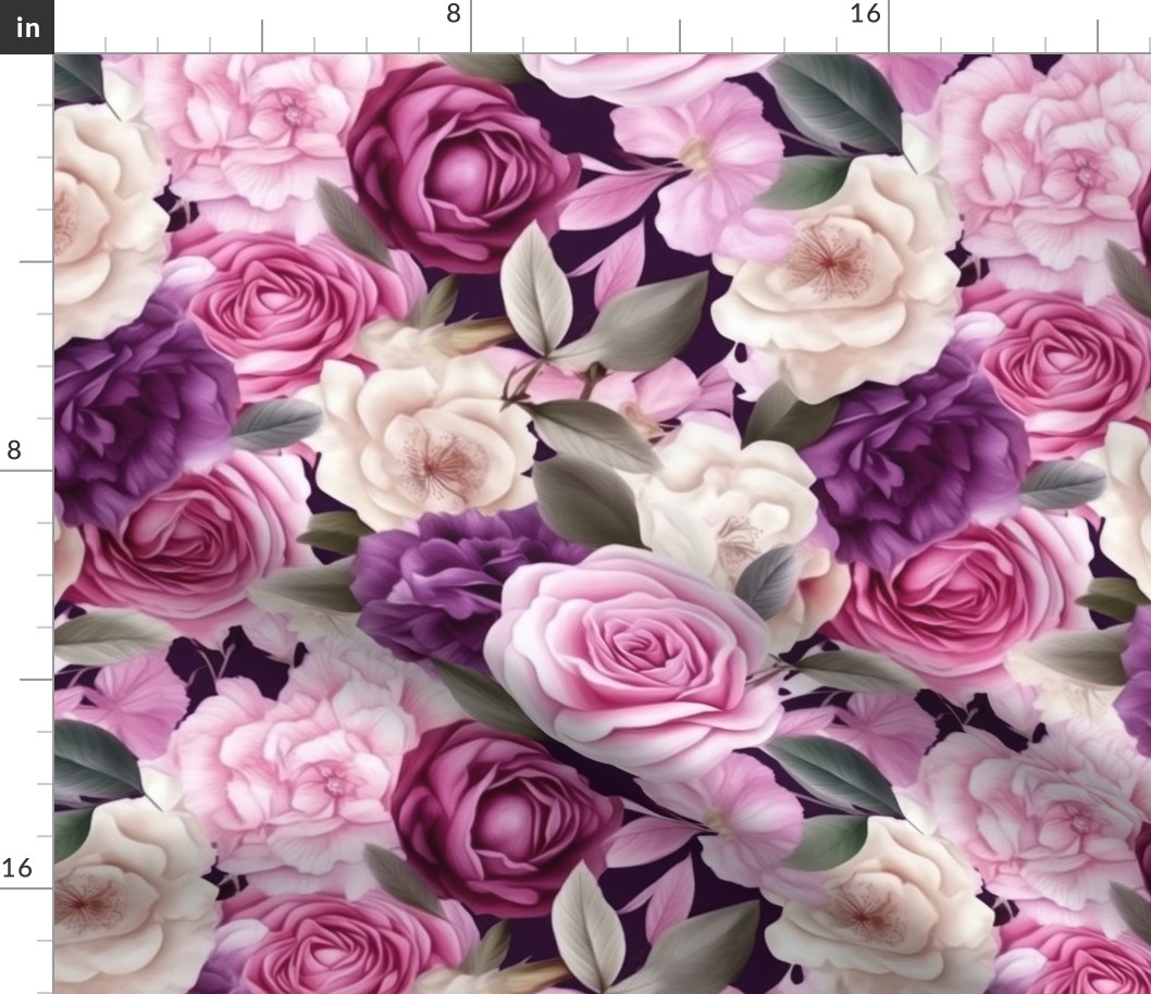 Densely Packed Jumbo Floral Rose Blossoms in Pink, Violet and White