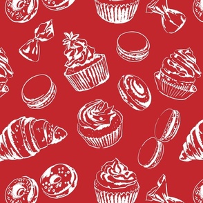 Desserts pattern on red background