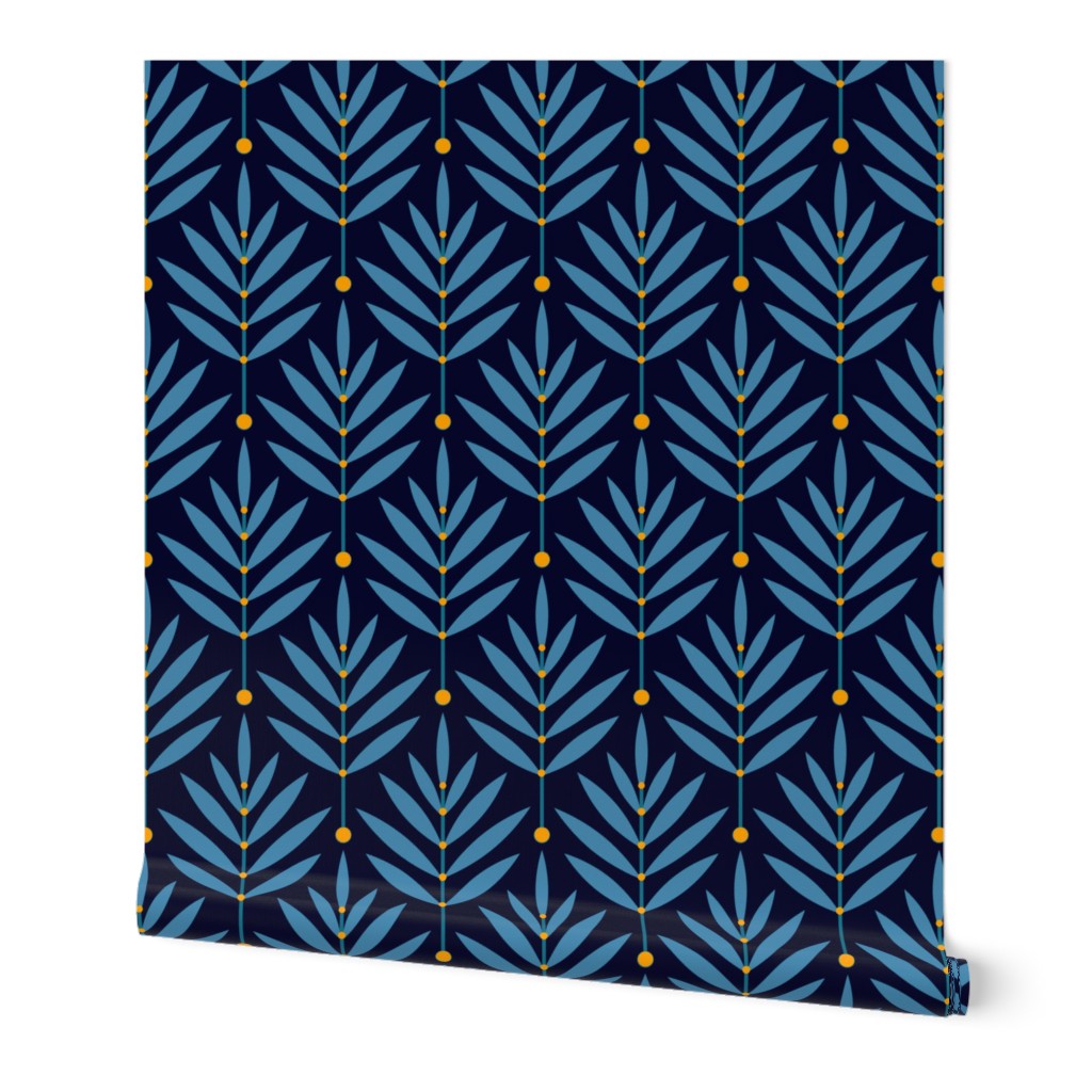 Retro Leaves // normal scale 0038 A// Art Deco and Art Nouveau Inspired Symmetrical Aesthetic Surface Pattern from the '70s and '80s leaf dot dots accent contrast  navy blue orange  