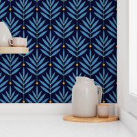 Retro Leaves // normal scale 0038 A// Art Deco and Art Nouveau Inspired Symmetrical Aesthetic Surface Pattern from the '70s and '80s leaf dot dots accent contrast  navy blue orange  